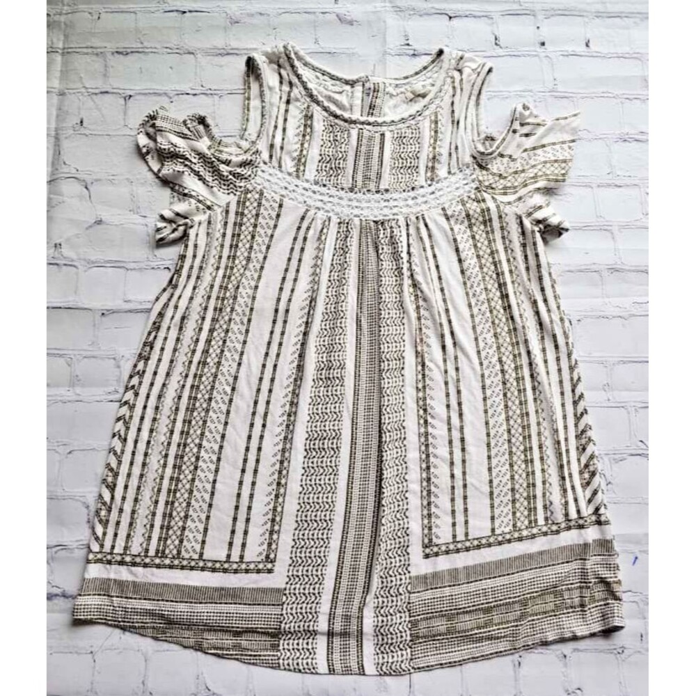 DEPT 222 Women’s Boho Cold Shoulder Blouse Size S White Brown‎ Embroidered Lace